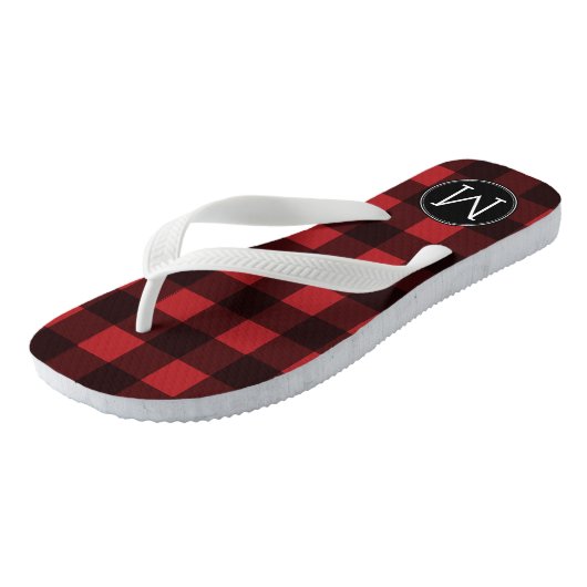 Rustisch monogram rood en zwart buffel patroonmono teenslippers (Schuin)