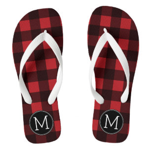 Rustisch monogram rood en zwart buffel patroonmono teenslippers