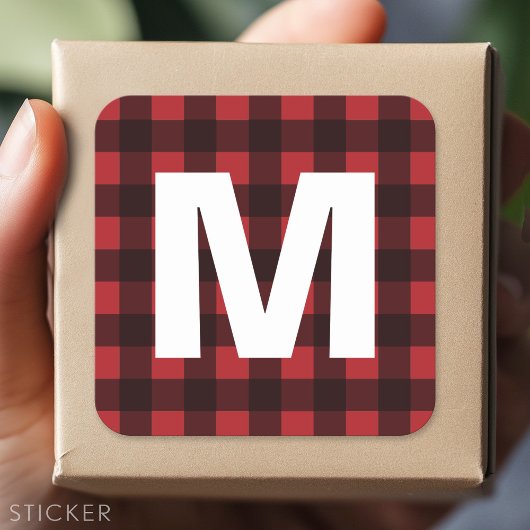 Rustisch monogram rood en zwart buffel patroonmono vierkante sticker