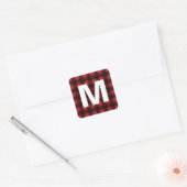 Rustisch monogram rood en zwart buffel patroonmono vierkante sticker (Envelop)