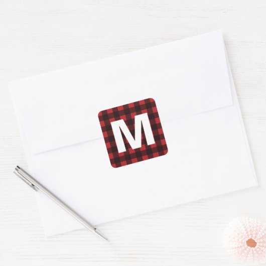 Rustisch monogram rood en zwart buffel patroonmono vierkante sticker (Envelop)