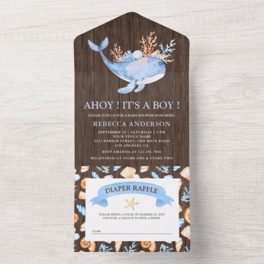 Rustisch Nautical Blue Whale Wood Baby shower All In One Uitnodiging (Binnen)
