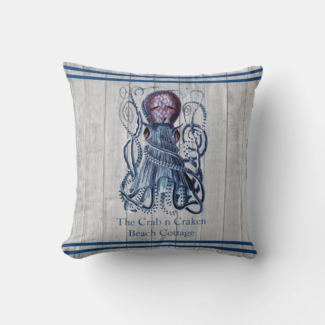 Rustisch Nautical Navy Octopus Coastal Grey wood Kussen (Voorkant)