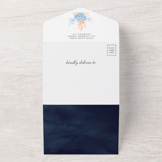 Rustisch Nautical Sailboot Navy Blue Baby shower All In One Uitnodiging (Buitenkant)