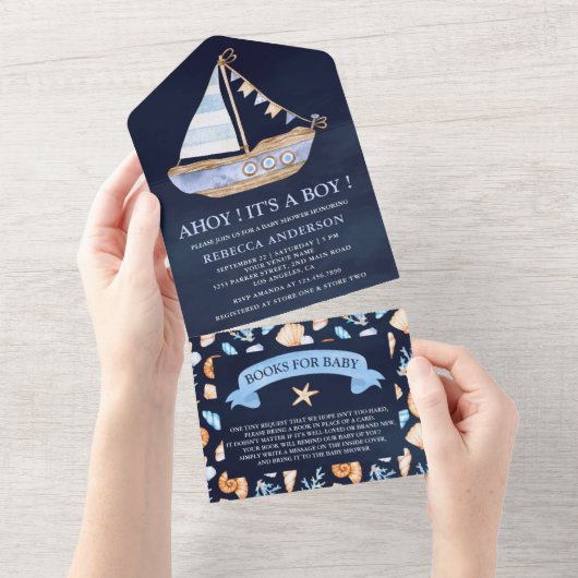 Rustisch Nautical Sailboot Navy Blue Baby shower All In One Uitnodiging (Afscheurbaar)