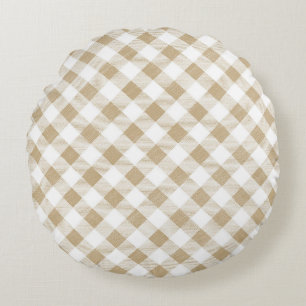 Rustisch neutraal beige Gingham Pset Rond Kussen
