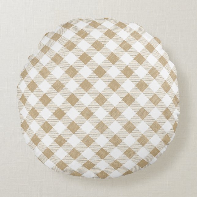 Rustisch neutraal beige Gingham Pset Rond Kussen (Voorkant)