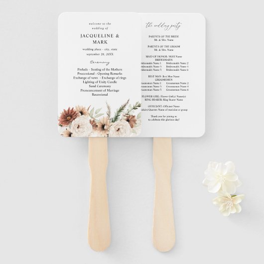 Rustisch neutraal Boho Floral Wedding Programme Handwaaier (Voorkant en achterkant)