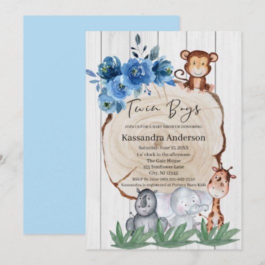 Rustisch Oerwoud Baby shower "Animal Blue Floral T Kaart (Voorkant / Achterkant)
