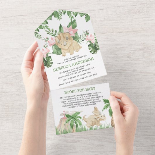 Rustisch Oerwoud Cute Floral Dinosaur Baby shower All In One Uitnodiging (Afscheurbaar)