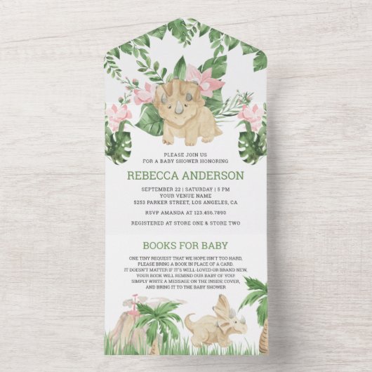 Rustisch Oerwoud Cute Floral Dinosaur Baby shower All In One Uitnodiging (Binnen)
