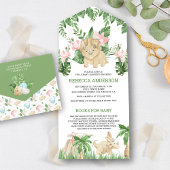 Rustisch Oerwoud Cute Floral Dinosaur Baby shower All In One Uitnodiging