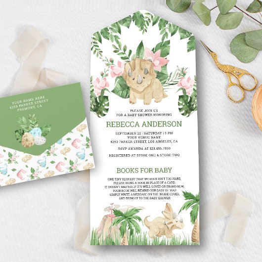 Rustisch Oerwoud Cute Floral Dinosaur Baby shower All In One Uitnodiging