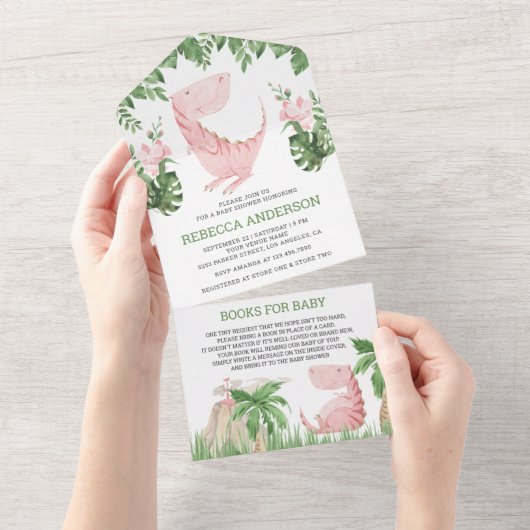 Rustisch Oerwoud Floral Pink Dinosaur Baby shower All In One Uitnodiging (Afscheurbaar)