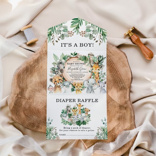 Rustisch Oerwoud Safari Animals Boy Baby shower All In One Uitnodiging