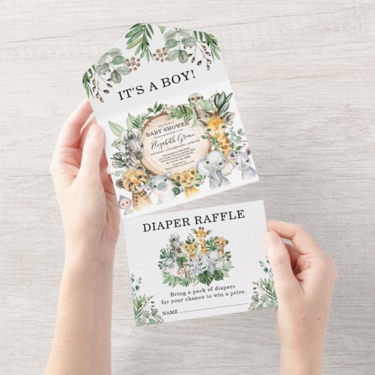 Rustisch Oerwoud Safari Animals Boy Baby shower All In One Uitnodiging (Afscheurbaar)