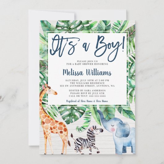 Rustisch Oerwoud Safari Animals Boy Baby shower Kaart (Voorkant)