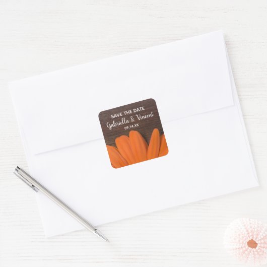 Rustisch Oranje Daisy Country Wedding Save the Dat Vierkante Sticker (Envelop)