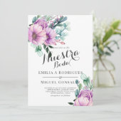 Rustisch Paars Bloom Nuestra Boda Spaans huwelijk Kaart (Staand voorkant)