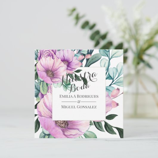 Rustisch Paars Bloom Nuestra Boda Spaans huwelijk Kaart (Staand voorkant)