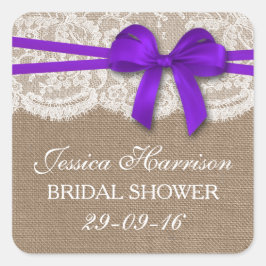 Rustisch Paars Bow, Burlap en Lace Vrijgezellenfee Vierkante Sticker