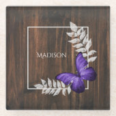 Rustisch Paars Butterfly - gepersonaliseerd Onderz Glazen Onderzetter (Voorkant)