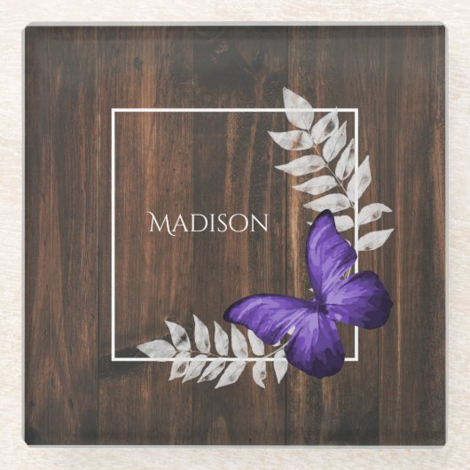 Rustisch Paars Butterfly - gepersonaliseerd Onderz Glazen Onderzetter (Voorkant)