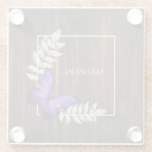 Rustisch Paars Butterfly - gepersonaliseerd Onderz Glazen Onderzetter (Achterkant)