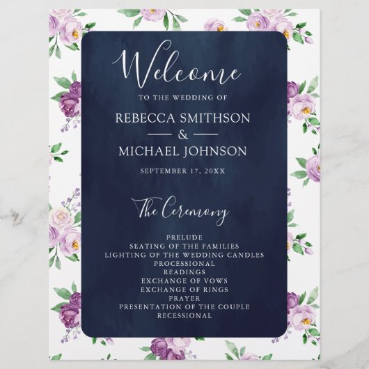 Rustisch Paars-Floral Navy Blue Wedding Programme (Voorkant)