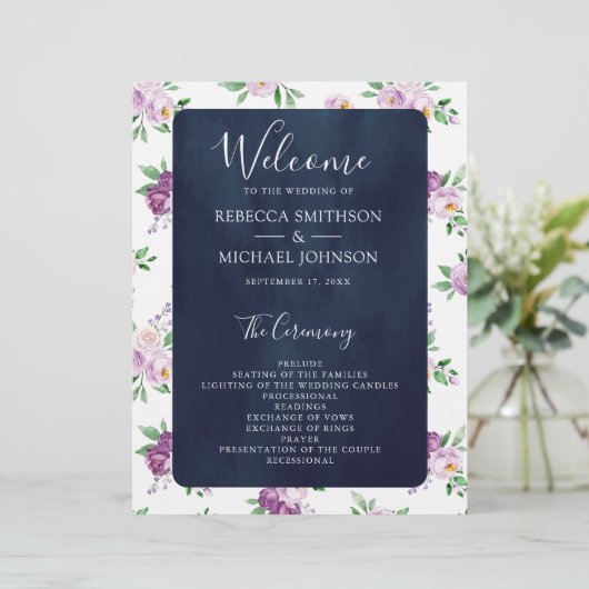 Rustisch Paars-Floral Navy Blue Wedding Programme (Staand voorkant)