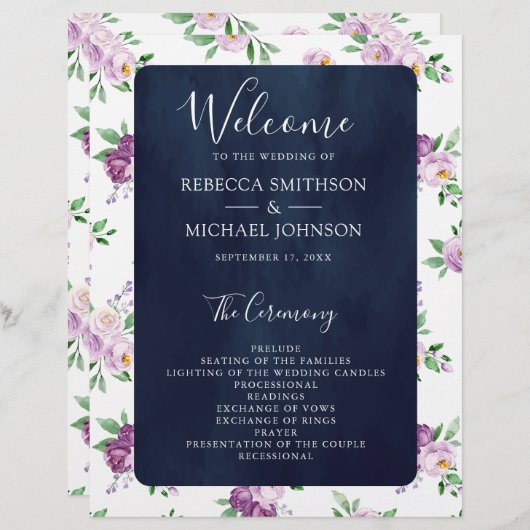 Rustisch Paars-Floral Navy Blue Wedding Programme
