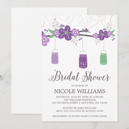 Rustisch Paars Green Mason Jar Branch Vrijgezellen Kaart (Voorkant / Achterkant)