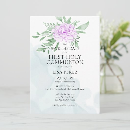 Rustisch Paars Roos Eucalyptus Eerste Heilige Comm Save The Date (Staand voorkant)