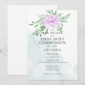 Rustisch Paars Roos Eucalyptus Eerste Heilige Comm Save The Date (Voorkant / Achterkant)