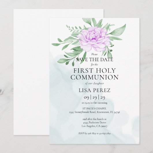 Rustisch Paars Roos Eucalyptus Eerste Heilige Comm Save The Date (Voorkant / Achterkant)