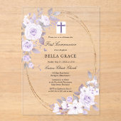 Rustisch Paars Roos Floral Eerste Heilige Communie Acryl Uitnodigingen (Voorkant)