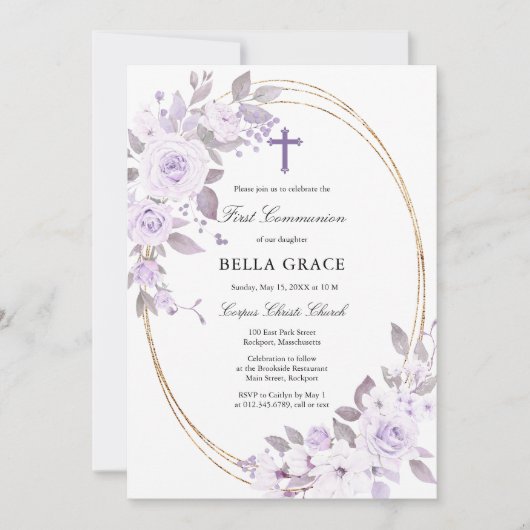 Rustisch Paars Roos Floral Eerste Heilige Communie Kaart (Voorkant)