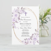 Rustisch Paars Roos Floral Eerste Heilige Communie Kaart (Staand voorkant)