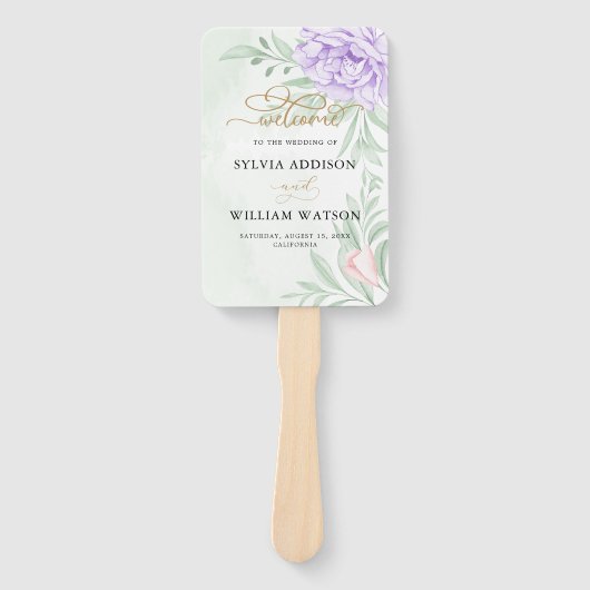 Rustisch Paars Roos Floral Eucalyptus Boho Wedding Handwaaier (Voorkant)