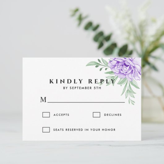 Rustisch Paars Roos Floral Eucalyptus Boho Wedding RSVP Kaartje (Staand voorkant)