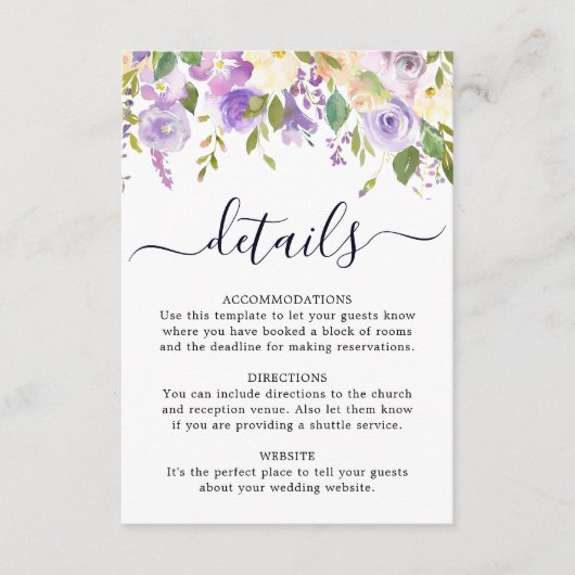 Rustisch Paars Roos Floral Wedding Details Card Informatiekaartje (Voorkant)