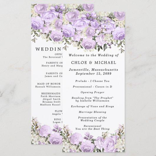 Rustisch Paars Roos Floral Wedding Programmakaart (Voorkant / Achterkant)