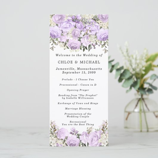 Rustisch Paars Roos Floral Wedding Programmakaart (Staand voorkant)
