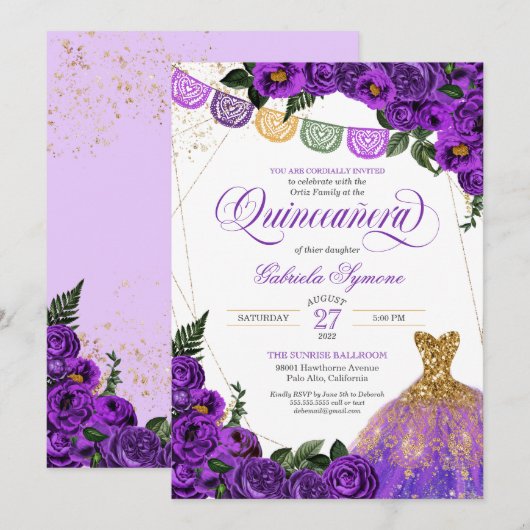 Rustisch Paars Roos Glitter Gown Fiesta Quinceañer Kaart (Voorkant / Achterkant)