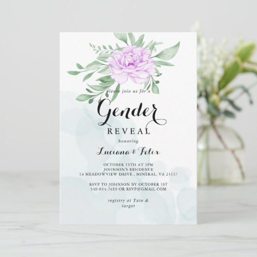 Rustisch Paars Roos laat Greenery Gender onthullen Kaart (Staand voorkant)