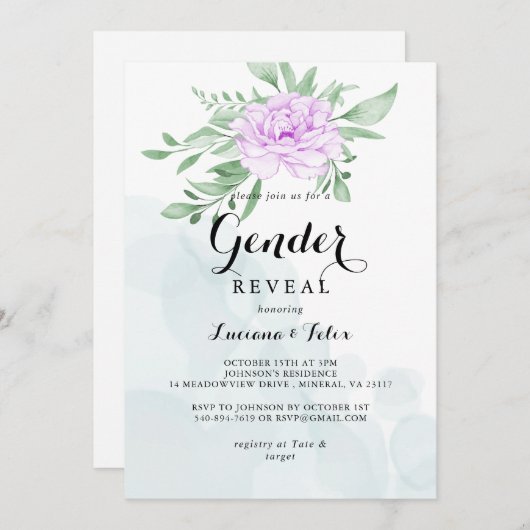 Rustisch Paars Roos laat Greenery Gender onthullen Kaart (Voorkant / Achterkant)