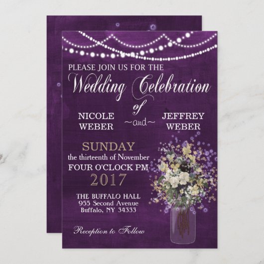 Rustisch Paars Vloerland Mason Jar Wedding Kaart (Voorkant / Achterkant)