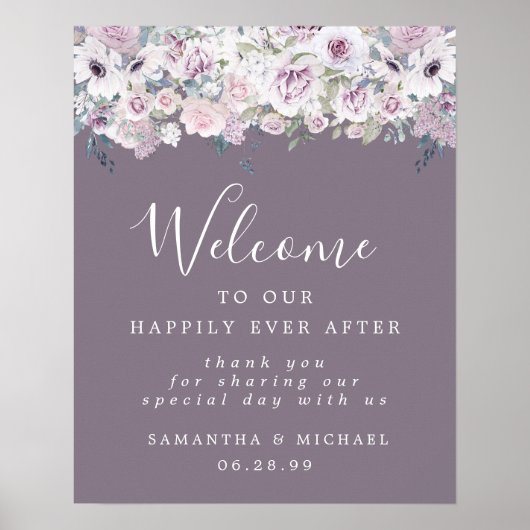 Rustisch Paars White Floral Wedding Welcome Sign Poster (Voorkant)