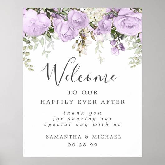 Rustisch Paars White Floral Wedding Welcome Sign Poster (Voorkant)