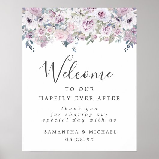 Rustisch Paars White Floral Wedding Welcome Sign Poster (Voorkant)
